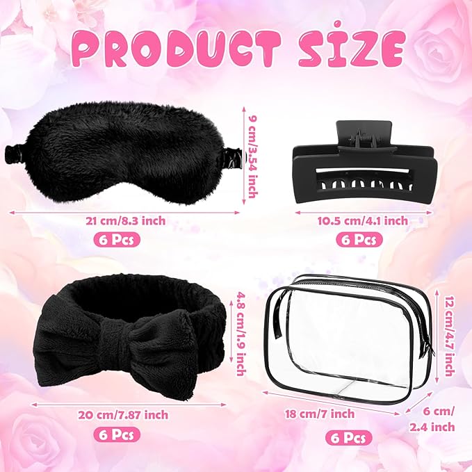 30 Pcs Spa Party Favors for Women Sleepover Party Supplies 6 Bow Headband 6 Eye Mask 6 Hair Clip 6 Cosmetic Bag 6 Glitter Plastic Cup for Adult Spa Birthday Bachelorette Gift(Black)