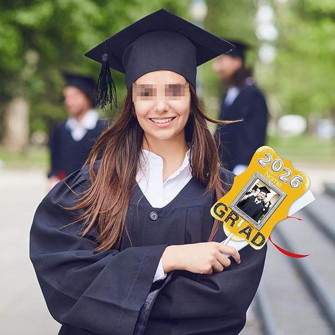 Personalized Graduation Double Sided Face Fan Class of 2026 Customized Graduation Head Face Cutout with Handle Fun Photo Prop Supplies(A-Gold and Black,24pcs)