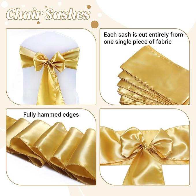 VDS Satin Chair Sashes Chair Cover Back Tie Sateen Bows Ribbon for Wedding Birthday Graduation Engagement Ceremony Event Party Banquet Venue Hotel All Dining Chair Decoration (50PC) (Gold)