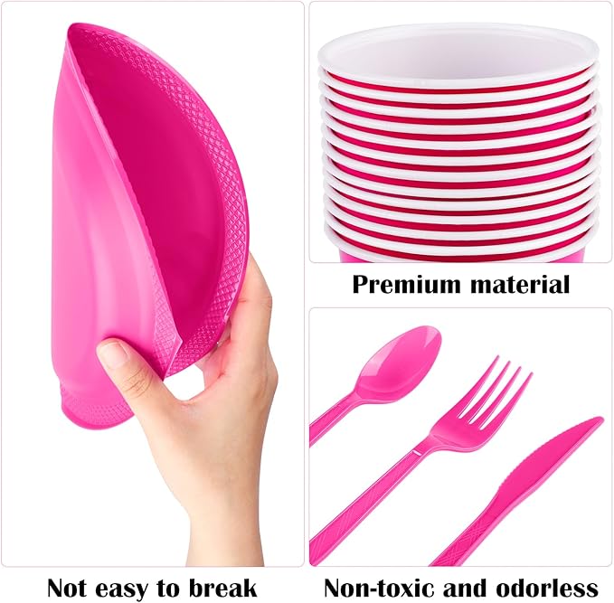 Aodaer 400 Pieces Hot Pink Party Supplies Disposable Dinnerware Set Include Plastic Plates Cups Knives Forks Spoons Paper Napkins for Birthday Wedding Graduation Parties, Serve 50 Guests