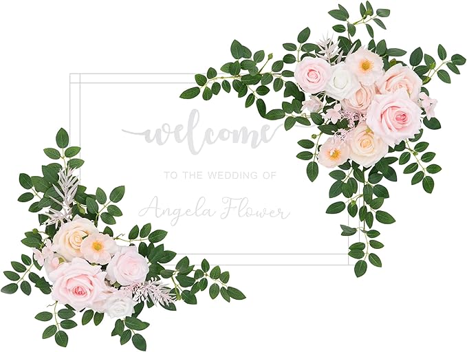 2pcs Champagne & Pink Deluxe Welcome Sign Artificial Flowers Wedding Backdrop Garland Hanging Floral Arrangements for Ceremony Reception Entryway Board Sweetheart Table