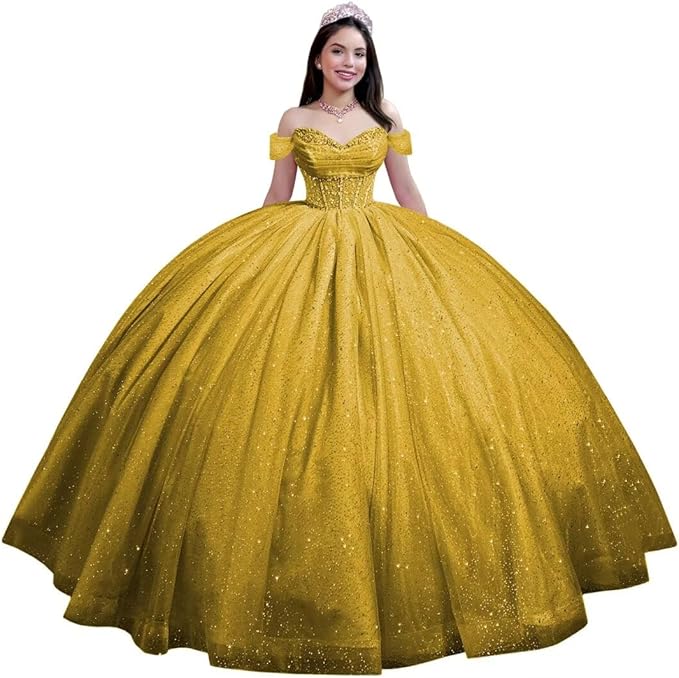 Youjiayi Glitter Tulle Quinceanera Dresses with Train Off Shoulder Beaded Sweet 16 Dresses Pleated Long Ball Gown for Women