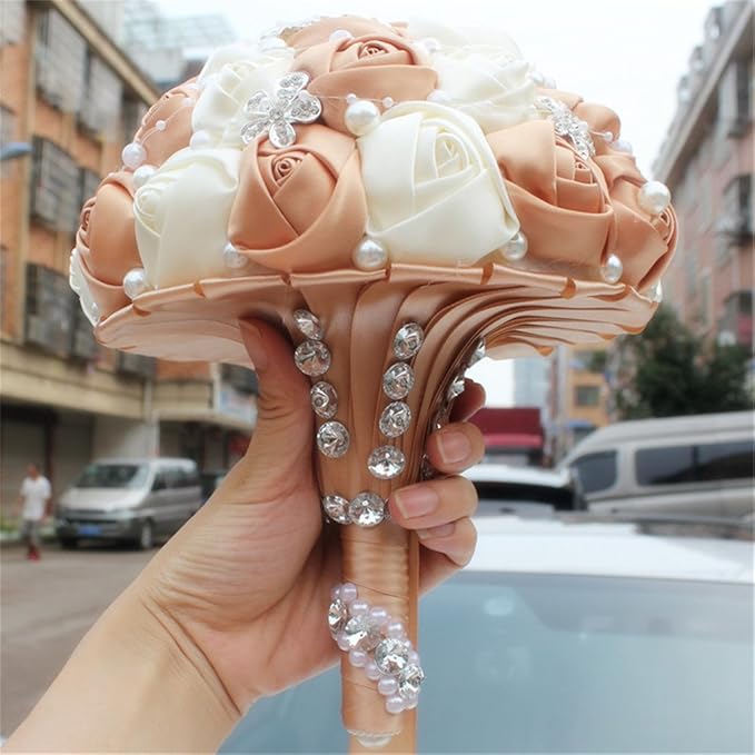 S_SSOY Hand Made Shining Crystal Rhinestones Pearl Silk Rose Bridesmaid Bridal Artificial Bouquets Customization Bride Holding Bouquet Wedding with Corsage Flower, A-018, Champagne+White
