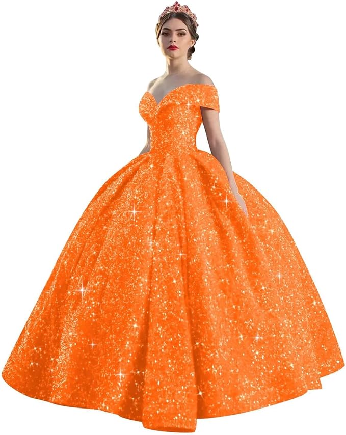 Quinceanera Dress Long Ball Gown Sparkly Sequin Off Shoulder V Neck Prom Dresses