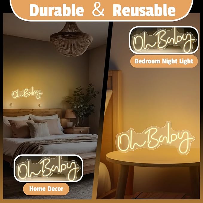 Oh Baby Neon Sign for Backdrop Wall Decor, Baby Shower LED Neon Light for Wall Decor, 19.6×8.6 Inch Large Size, USB Powered for Party Decorations & Night Lighting, Birthday Wedding Bar(Warm White)