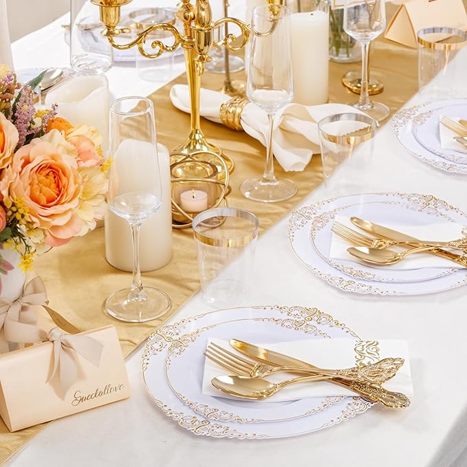 YOUBET 700PCS Gold Plastic Dinnerware Set - White and Gold Disposable Plates for 100 Guest - 200 Disposable Plates, 300 Heavy Duty Plastic Silverware, 100 Cups,100 Napkins for Wedding