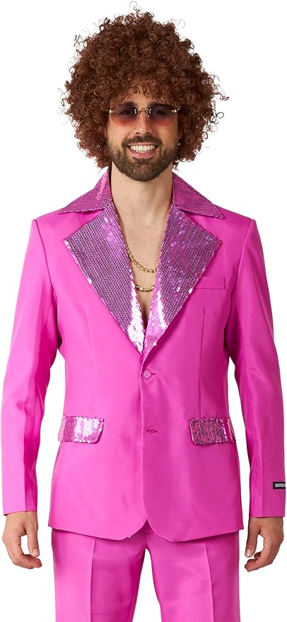 Suitmeister Men's Disco Costume Suit - Saturday Night Fever Outfit - Slim Fit - Including Blazer and Flare Pants - Pink