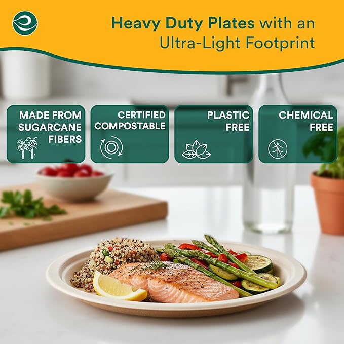 ECO SOUL 9 Inch Compostable Disposable Paper Plates [400 Pack] Food Safe 100% Virgin Bagasse Pulp Heavy Duty Biodegradable Microwave Safe Large Round Dinner Plate for Party, Picnic & BBQ (Brown)