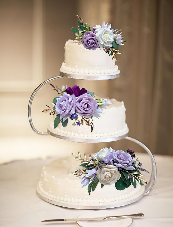 CherishedMoments 3Pcs Cake Topper Set, Wedding Artificial Flowers Decor Purple Cake Topper Decorations for Wedding Ceremony Anniversary, Home Decor,Fall Vintage