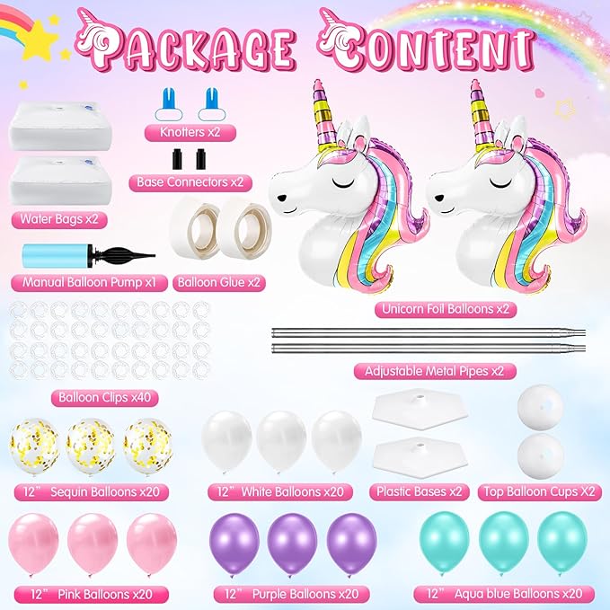 Kasyat 2 Set Party Balloon Column Stand Kit with 2 Balloons 100 Latex Balloons, Adjustable Balloon Stands Party Supplies for Girls Wedding Baby Shower Birthday (Unicorn, White)