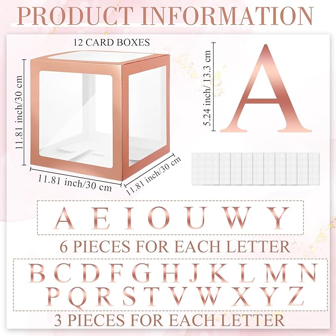 Thyle 12 Pcs Transparent Balloon Boxes Clear Balloon Boxes with 99 Letters for Baby Shower Gender Reveal Grad Birthday Party Bridal Wedding Anniversary Backdrop Decoration (Rose Gold)