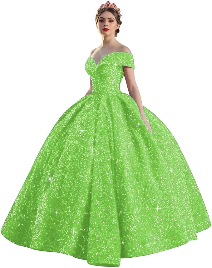 Quinceanera Dress Long Ball Gown Sparkly Sequin Off Shoulder V Neck Prom Dresses