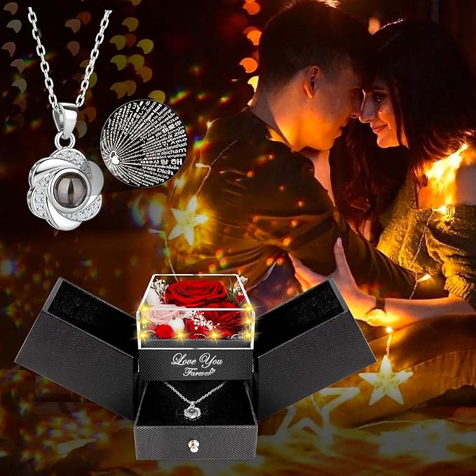 3 Preserved Red Real Rose-Eternal Flowers Rose Gifts for Mom Grandma Wife Girlfriend on Mothers Day Birthday Valentines Christmas Anniversary Romantic Gifts for Her with I Love You Necklace