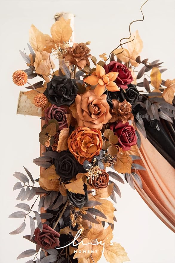 Ling's moment Black Orange Artificial Wedding Arch Flowers Kit Pack of 4, 2pcs Hanging Flower Arrangement 2pcs Chiffon Drapes Ceremony Reception Fake Rose Arbor Backdrop Floral Party Outdoor Decor