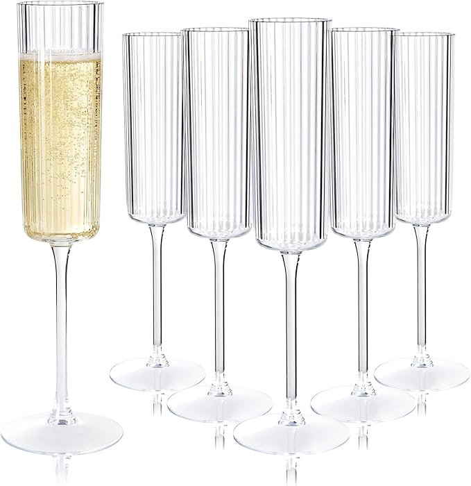 36 Pack Clear Plastic Champagne Flutes - 6oz Ribbed Disposable Champagne Glasses - Clear Vintage Mimosa Glasses with Long Stem - Elegant Sparkling Wine Stemware for Wedding, Party
