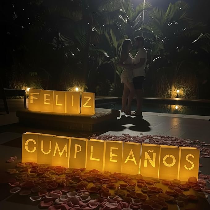 Feliz Cumpleaños Happy Birthday Light Up Letters in Spanish - Luminary Bags Happy Birthday Decorations with Tea Lights Candles and Rose Petals - Feliz Cumpleaños Banner For Your Loved One