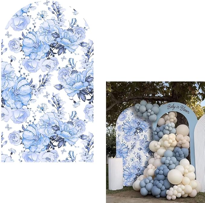 Blue Florasl Arch Backdrop Cover Baby in Bloom Baby Shower Decorations Arch Stand Spandex Covers Afternoon Tea Event Wedding Birthday Party Decors (2.6x6ft Cover,3853)