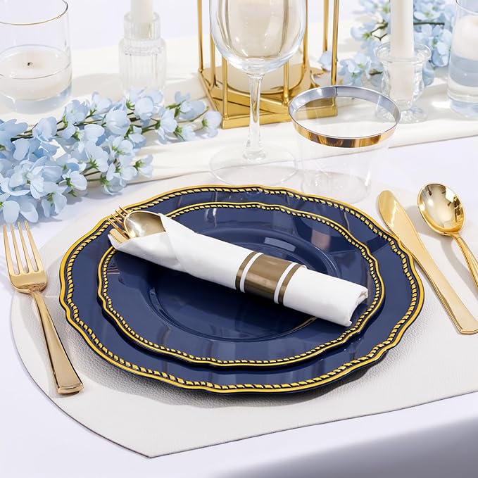 Hioasis 350pcs Blue and gold Plastic Plates - Blue Plastic Dinnerware Set Includes 50 Dinner Plates, 50 Dessert Dinnerware, 50 Cups, 50 Rolled Napkin Cutlery Perfect for Wedding