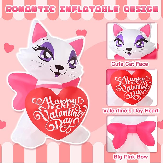4 FT Valentines Inflatable Outdoor Decorations, Blow up Valentine's Day Cat Yard Decor with Love Heart, Built-in LED Lights Wedding Kitty Holiday Decoration for Lawn Garden Wedding Indoor