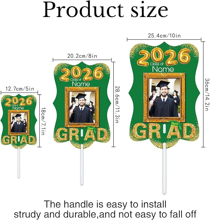 Personalized Graduation Double Sided Face Fan Class of 2026 Customized Graduation Head Face Cutout with Handle Fun Photo Prop Supplies(A-Green and Gold,12pcs)