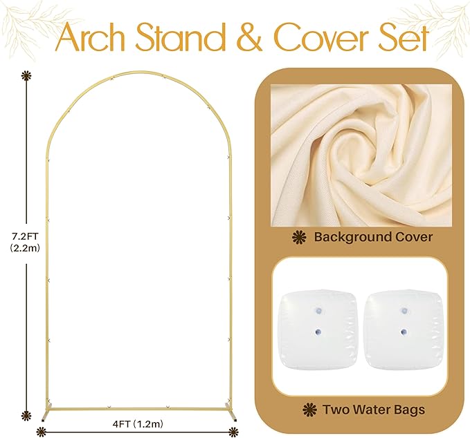 7.2 FT Wedding Arch Backdrop Stand and Cover Set | Metal Backdrop Arch Stand, Balloon Stand, Water Bags | Party, Bridal Show, Birthday, Baby Shower Decorations (Beige Cover)
