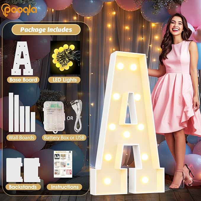 Pooqla 4 FT Marquee Light Up Letters, Cool White and Warm White Marquee Letter 4 Feet Tall, Giant LED Sign Big Mosaic Letter E for Balloons Birthday Party Anniversary Wedding Decorations