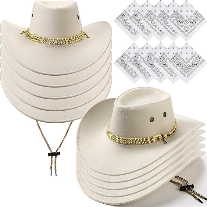 Coume 10 Set Cowboy Hat and Bandana for Women Men 10 Felt Cowgirl Cowboy Hat Bulk 10 Western Bandanas for Adult Costume Party