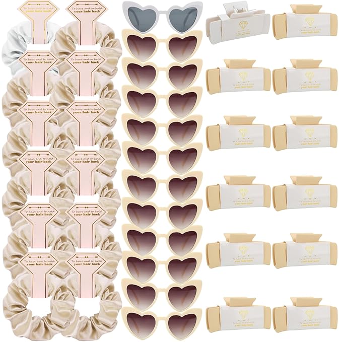 Bridesmaid Scrunchies Proposal Hair claws clips Set of 12 Bridal Shower heart sunglasses Gifts for Wedding Bachelorette Party Favors (36pcs White&Champagne)