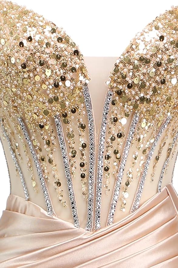 Rjer Off The Shoulder Satin Prom Dresses Long with Slit Tail 2026 Sequin Beaded Pleated Evening Ball Gown for Women Formal