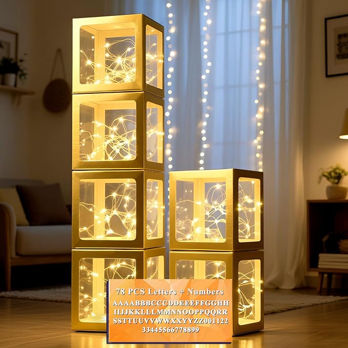 Ledido Transparent Balloon Boxes, Clear Balloon Boxes with 6 Pcs String Lights and 78 Letters for Baby Shower Gender Reveal 2026 New Year Grad Party Birthday Anniversary Bridal Decor - 6 Gold Boxes