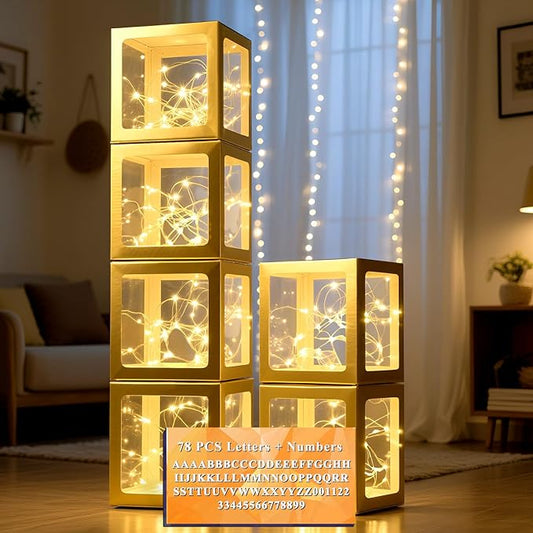 Ledido Transparent Balloon Boxes, Clear Balloon Boxes with 6 Pcs String Lights and 78 Letters for Baby Shower Gender Reveal 2026 New Year Grad Party Birthday Anniversary Bridal Decor - 6 Gold Boxes