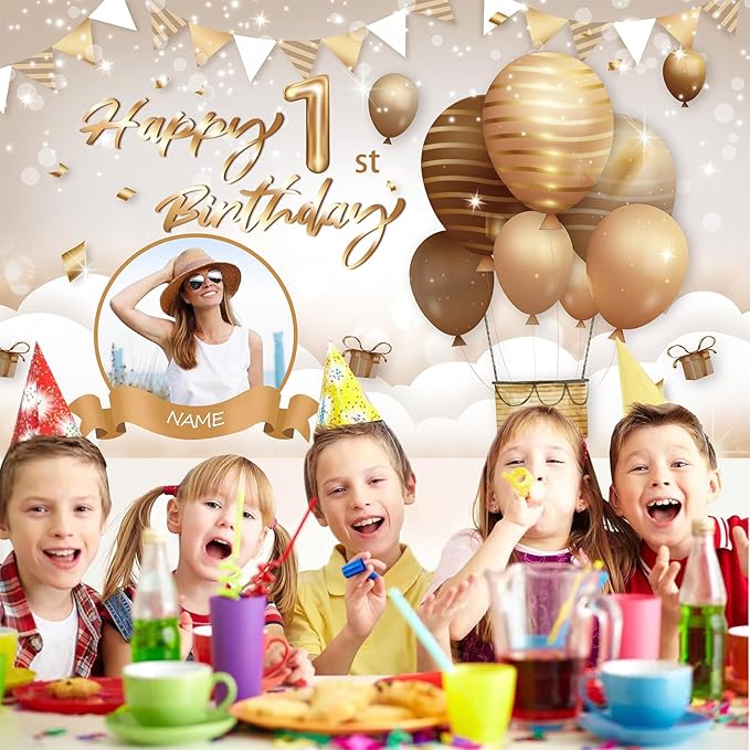 Custom Beige Happy Birthday Banner Backdrop Large Happy Birthday Hot Air Balloon Backgroud Party Indoor Outdoor Car Decoration Supplies for Girl Women (5x7.5ft)