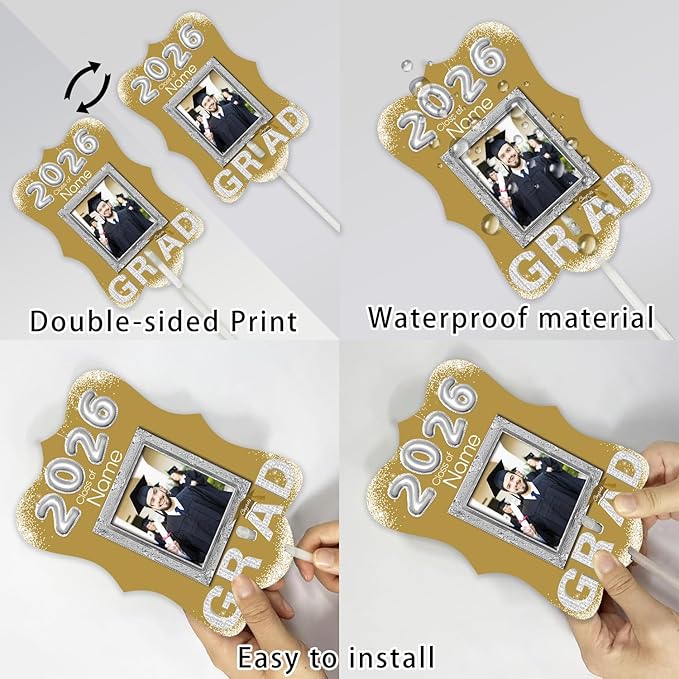 Personalized Graduation Double Sided Face Fan Class of 2026 Customized Graduation Head Face Cutout with Handle Fun Photo Prop Supplies(A-Champagne and Silver,24pcs)