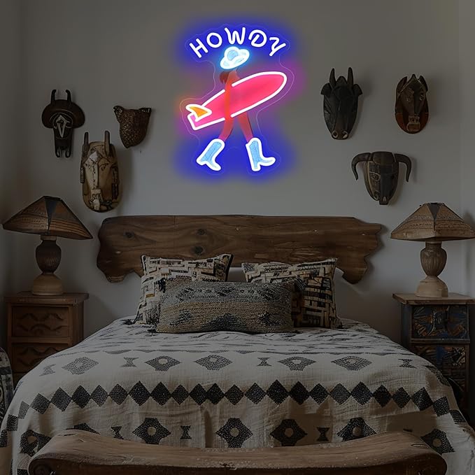 Howdy and Aloha Cowgirl Surf Girl Neon Sign, Howdy Cowgirl wall decor LED Light, Girly Wall Art Neon Sign, Coastal Cowgirl Brown Haired, 11.9"x16.5"