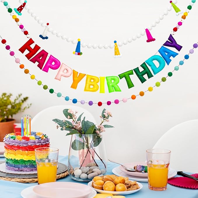 3Pcs Pre-Strung Reusable Happy Birthday Banner - Colorful Felt Ball Garland - Rainbow Party Decorations, Personalized Holiday Sign for Home Classroom Office Decor, Photo Prop Happy Birthday Sign for Kids Birthday Party (Birthday Banner + Felt Hat Garla...