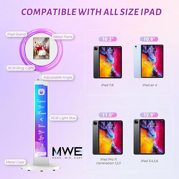 JIYANG Photo Booth Machine Compatible with Any Ipad,ChackTok PhotoBooth VIP Member,Free Custom Logo,Software APP Control Ring Light,Perfect for Wedding,Parties and Birthday(White)
