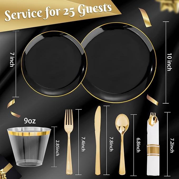 KIRE 175Pcs Black Plates Disposable - Heavy Duty Black and Gold Plastic Plates- 25 for Dinner 25 for Dessert 25 Pre Rolled Gold Silverware and 25 Cups for New Year/Birthday Party