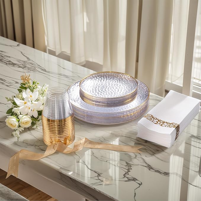 DaYammi 350PCS Clear Gold Plastic Dinnerware Set for 50 Guests, Hammered Disposable Plates for Party, Include: 50 Dinner Plates, 50 Dessert Plates, 150 Gold Silverware, 50 Napkins, 50 Cups