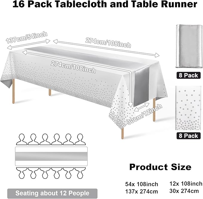MASHAN 16Pack Disposable Plastic Tablecloths and Satin Table Runner Set White and Silver Dot Tablecloth Silver Satin Table Runner for Wedding Birthday Baby Shower Christmas New Year Party Decorations