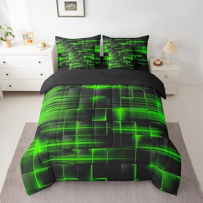 Feelyou Green Black Bedding Set Full Size Boys Girls Geometric Strip Lines Comforter Set with Sheets 7 Piece for Bed in a Bag Abstract Modern Bed Set with Comforter,Sheets,Pillowcases
