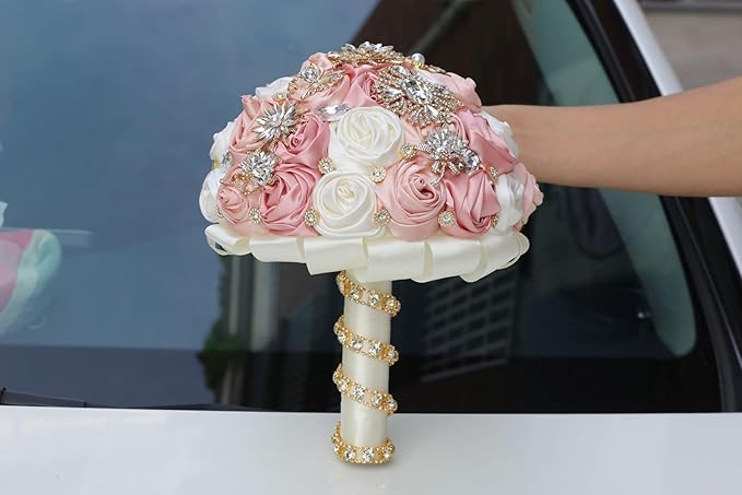 Handmade Wedding Bouquets for Bride Bridesmaid Brooch Artificial Holding Flower Tossing Bouquet(Ivory/champagnet, 16cm, 1PC)
