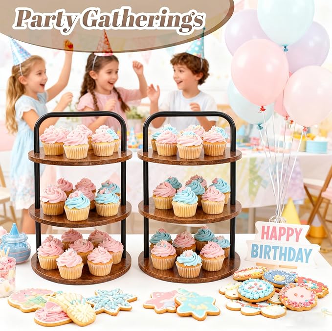 2PCS Wooden Cupcake Stand for 100 Cupcakes - 3-Tier Large Round Serving Tray with Cupcake Tower, Tiered Tray,Cake Tray, Desert Stand for Wedding, Party, Anniversary, Farmhouse Decor