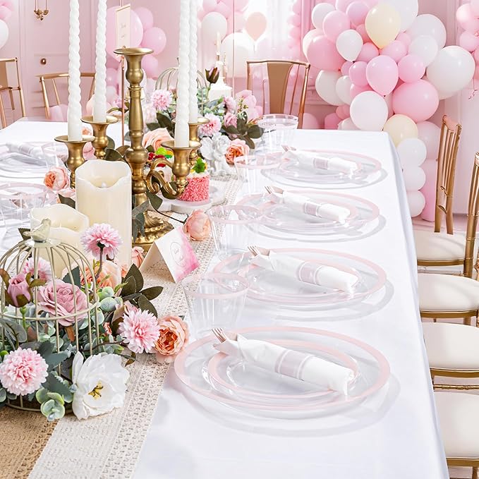 I00000 350 Pcs Clear Pink Plates for 50 Guests, Pink Dinnerware Include 100 Plates, 50 Cups, 50 Pre Rolled Napkins with Cutlery Set for Party and Wedding