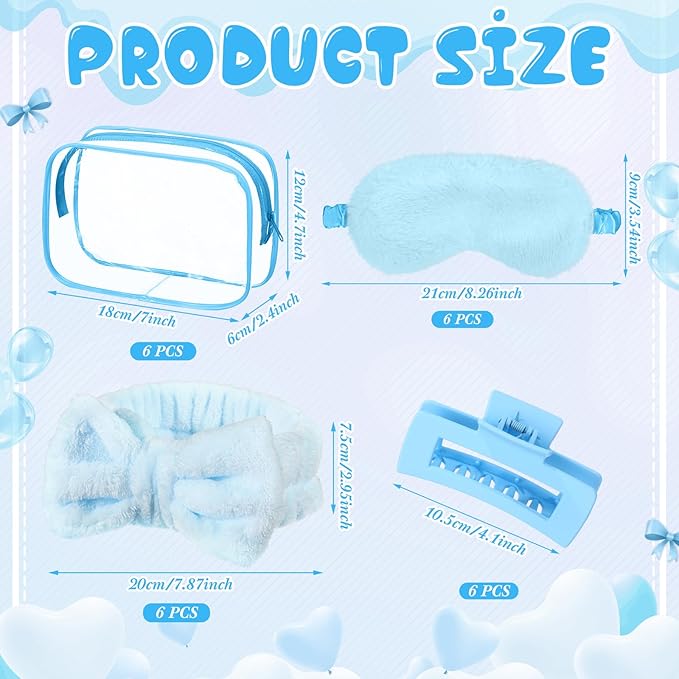 30 Pcs Spa Party Favors for Women Sleepover Party Supplies 6 Bow Headband 6 Eye Mask 6 Hair Clip 6 Cosmetic Bag 6 Glitter Plastic Cup for Adult Spa Birthday Bachelorette Gift(Blue)