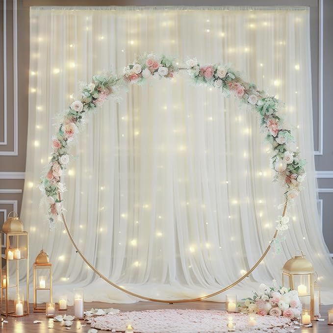 20x10ft Ivory Tulle Backdrop Curtain with Lights String for Parites, Sheer Photo Backdrop Curtains with Lights for Wedding Backdrop Ceremony Reception Bridal Shower Baby Shower Birthday Party