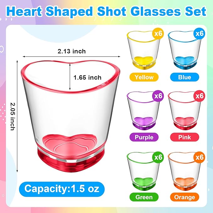 Sabary Valentine's Day Heart Shot Glasses Bulk, 36 Pack 1.5 oz Thick Glass Colorful Shot Glasses for Valentine Galentine Party Supplies, Party Favors, Table Decor