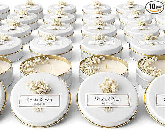 Personalized Scented Soy Wax Candle Favors with Dried Flowers, White Tin Guest Gifts for Weddings, Bridal & Baby Showers, Bulk Sets (10–200 Count)