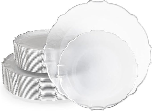Exquisite Plastic Plates for Party 40 Piece Fancy Plastic Dinner Plates For 20 Guests 20 X 7.5 Dessert Plate & 20 X 10 Thin Delicate Disposable Dinnerware Charger Plate Clear Silver Rim
