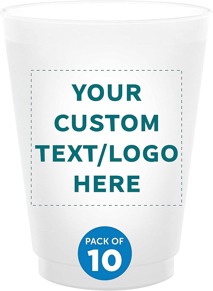 DISCOUNT PROMOS Custom Frosted Plastic Stadium Cups, 10 pack, Promotional Text, Logo, 16 oz. Shatterproof Flexible Reusable Party Cups, Pearl White