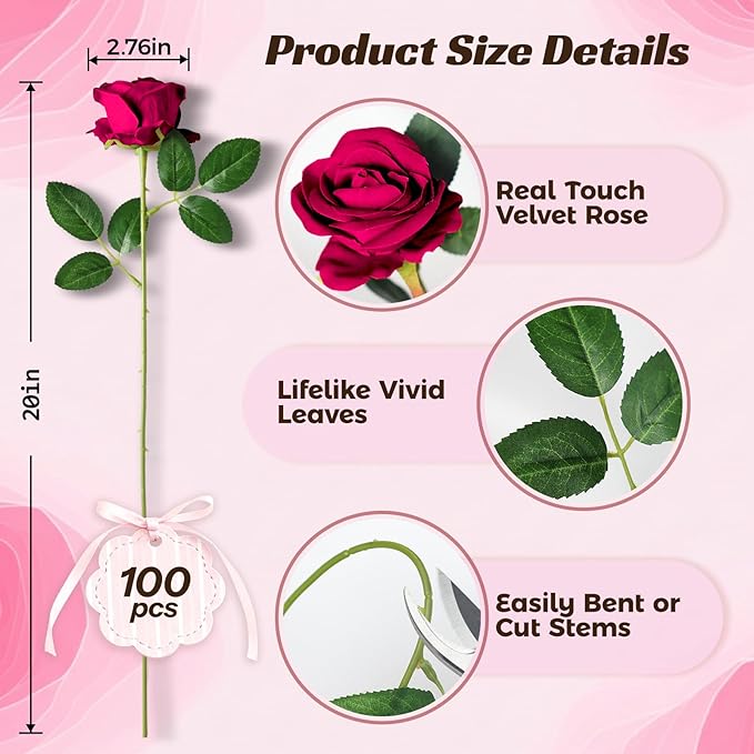 100 Pcs Fake Burgundy Red Roses Artificial Flowers Bulk, Faux Velvet Silk Rose Bouquet with Long Stems Real Look for Wedding Party Centerpieces Vases Decor